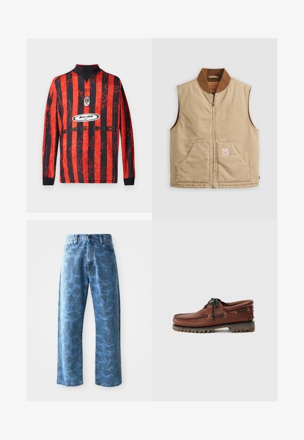 Bežinė be rankovių jurkšnelė su rudu banguotu apykakle ir dviem priekinėm kišenėm, su mažyte emblema dešinėje kišenėje.; Ilgų rankovių maikutė su ryškiais raudonais ir juodais vertikaliais dryžiais, su apykakle bei grafika, kuriame yra centrinis logotipas ir prekių ženklas.; Šviesiai mėlyni džinsai su subtiliu toniniu gėlių raštu, plačiomis kojomis, penkiais kišeniais ir užsegimu prie juosmens.; Rudos odinės valtinės bateliai su tekstūruota viršutine dalimi, juoda raištelių sistema ir auksinėmis aklėmis. Yra patvari, griovelio formos guma.