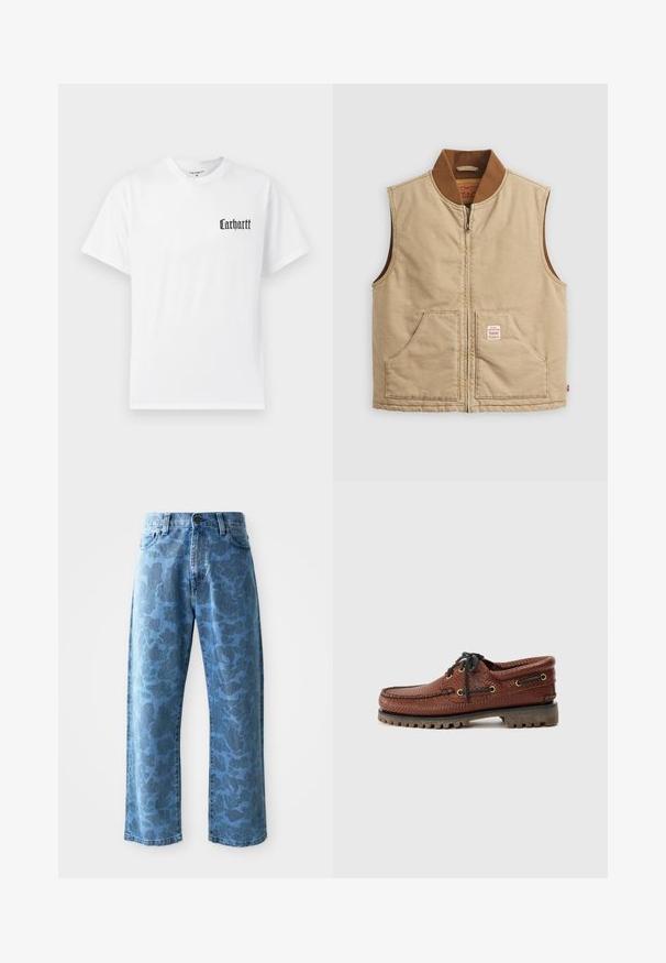Bež prsluk bez rukava s raširenim zatvaračem, smešani ovratnik u smešnim tonovima i dva prednja džepa, s malom oznakom na desnom džepu.; Bijela pamučna majica s kratkim rukavima, koja na lijevoj strani prsa sadrži crni "Carhartt" logo u stiliziranom fontu.; Svijetloplave traperice s suptilnim tonskim cvjetnim uzorkom, široke nogavice, dizajn s pet džepova i kopčanje na gumbe na struku.; Smeđi kožni brodski cipela s teksturiranim gornjim dijelom, crnim vezanjem i zlatnim rupicama. Ima izdržljivu, rebrastu gumenu potplate.