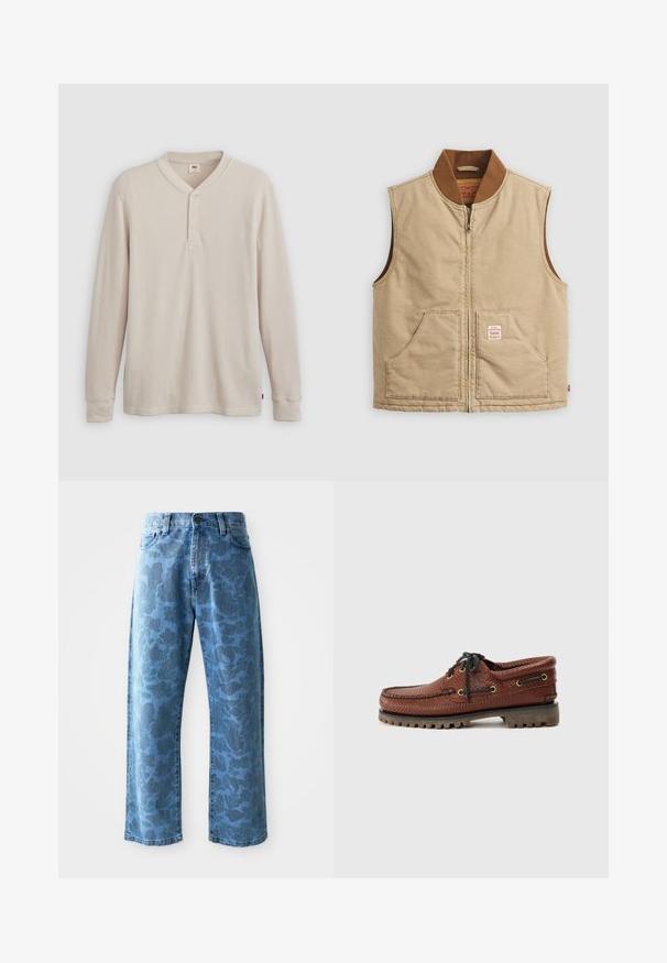 Beige ujjatlan cipzáras mellény barna bordás gallérral és két elülső zsebbel, a jobb zseben egy kis folt címkével.; Hosszú ujjú henley ing világos bézs bordás anyagból, V-nyakkal, három gombos gallérral és mandzsettás ujjak. Piros logó címke az alján.; Világoskék farmert nadrág, finom tónusú virágmintával, széles lábakkal, öt zsebes kialakítással és gombos derékkal.; Barna bőr csónakcipő texturált felsőrésszel, fekete fűzővel és arany fémlyukakkal. Tartós, bordázott gumitalppal rendelkezik.