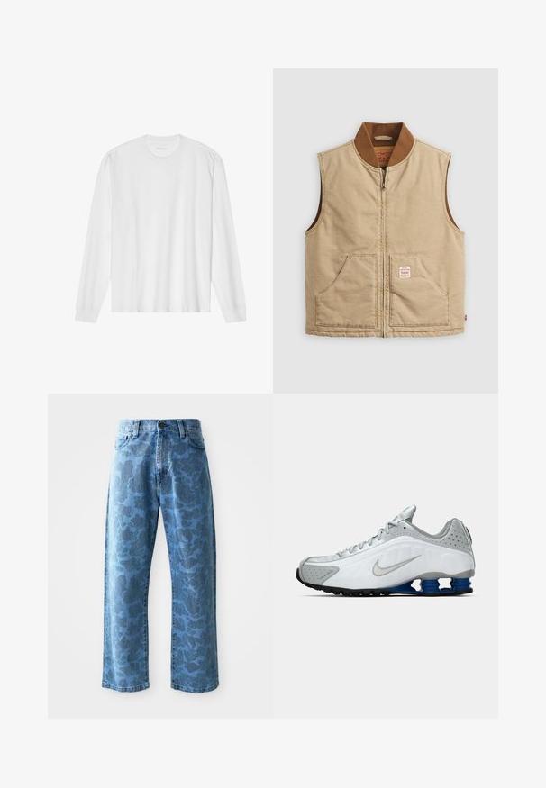 Beige ærmeløs lynlåsvest med brun ribbet krave og to frontlommer, der har et lille mærke på den højre lomme.; Hvid, langærmet t-shirt i bomuld med rund hals, med ribbede ærmeafslutninger og en lige kant, glat tekstur og minimalistisk design.; Lyseblå denimjeans med et subtilt tonalt blomstermønster, bred benklipp, fem-lomme design og knaplukning i taljen.; Hvide og grå Nike løbesko med sølv swoosh, blå fjederlignende såleelementer og sort slidbane på en ensfarvet baggrund.