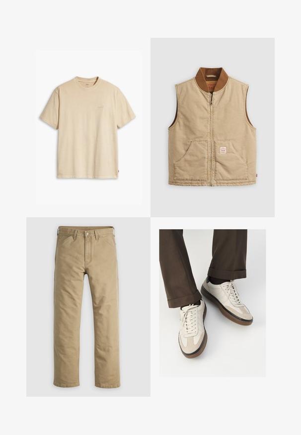 Beige sleeveless zip-up vest with brown ribbed collar and two front pockets, featuring a small patch label on the right pocket.; Beige cotton t-shirt with a round neck and short sleeves. Features a subtle "Levi's" logo in the same color on the chest. Soft texture.; Khaki cotton pants with a straight leg design, front pockets, and a button closure. Smooth texture and reinforced seams for durability.; Beige sneakers with a textured suede front, smooth leather sides, and a brown rubber sole. Laces and light stitching detail included.