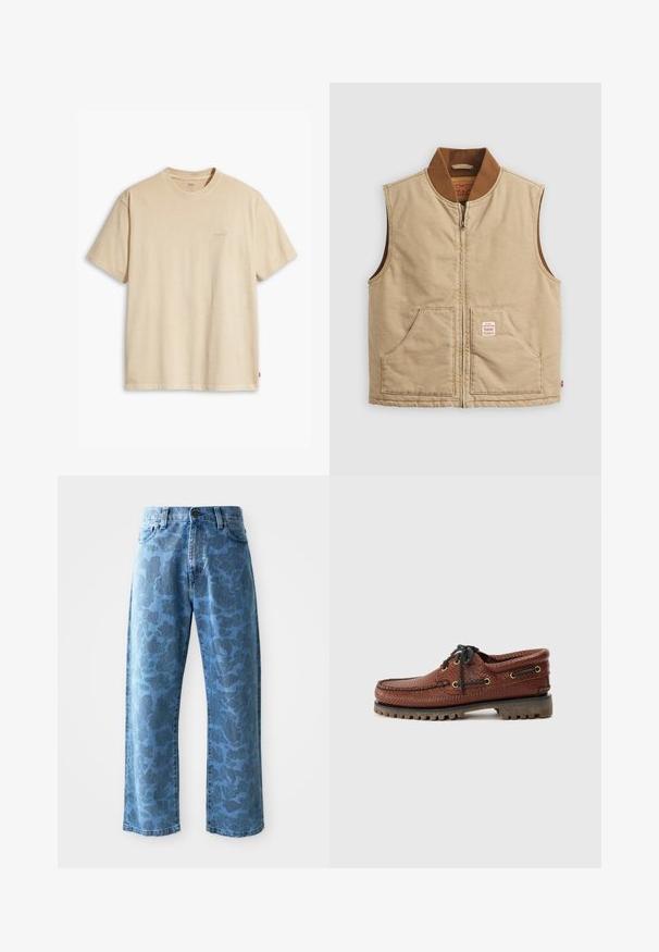 Beżowa bezrękawnik z zamkiem błyskawicznym i brązowym żebrowanym kołnierzem, z dwiema przednimi kieszeniami, z małą naszywką na prawej kieszeni.; Beżowa bawełniana koszulka z okrągłym dekoltem i krótkimi rękawami. Ma subtelne logo "Levi's" w tym samym kolorze na piersi. Miękka w dotyku.; Jasnoniebieskie dżinsy z subtelnym tonalnym wzorem kwiatowym, szerokie nogawki, pięć kieszeni oraz zapięcie na guzik w talii.; Brązowe skórzane buty żeglarskie z teksturowaną cholewką, czarnym sznurowaniem i złotymi oczkami. Posiadają trwałą, ryflowaną gumową podeszwę.