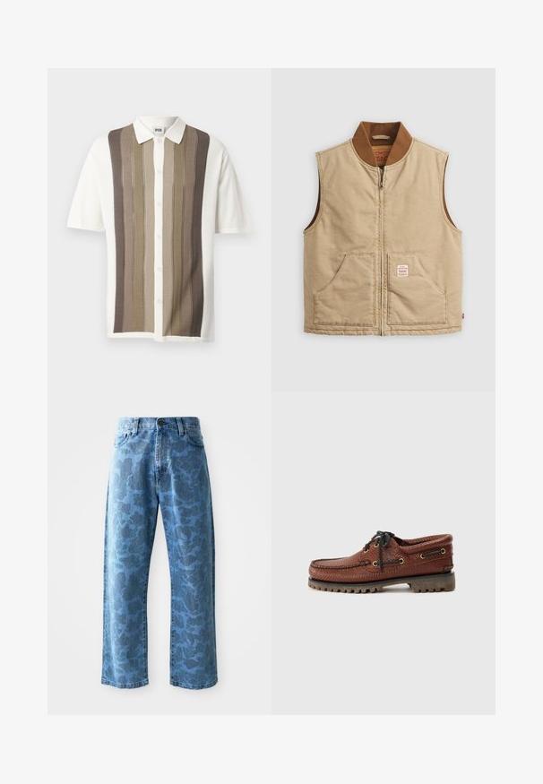 Beige sleeveless zip-up vest with brown ribbed collar and two front pockets, featuring a small patch label on the right pocket.; Short-sleeve collared shirt with vertical stripes in beige, brown, and cream; button closure; knit fabric with textured pattern.; Light blue denim jeans with a subtle tonal floral pattern, wide-leg cut, five-pocket design, and a button closure at the waistband.; Brown leather boat shoe with textured upper, black lace-up closure, and gold eyelets. Features a durable, ridged rubber sole.