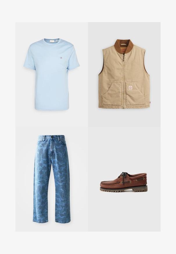 Μπεζ αμάνικο γιλέκο με φερμουάρ και καφέ ραμμένο γιακά, διαθέτοντας δύο μπροστινές τσέπες, με μια μικρή ετικέτα μ patch στην δεξιά τσέπη.; Ανοιχτό μπλε βαμβακερό μπλουζάκι με στρογγυλή λαιμόκοψη, κοντά μανίκια και μικρό κεντημένο λογότυπο στο στήθος. Λείο υλικό, κανονική εφαρμογή.; Ανοιχτό μπλε τζιν με διακριτό τονικό λουλουδάτο σχέδιο, πλατιά γραμμή, πέντε τσέπες και κουμπί στη μέση.; Καφέ δερμάτινο παπούτσι σκάφους με υφή στην επάνω επιφάνεια, μαύρο σύστημα κλεισίματος με κορδόνια και χρυσές οπές. Διαθέτει ανθεκτική, ραβδωτή σόλα από καουτσούκ.