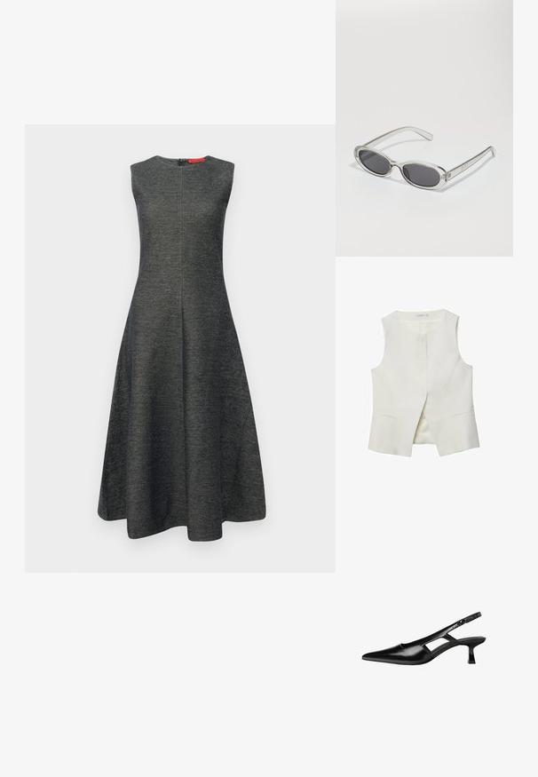 White sleeveless vest with a round neckline, front button closure, and two side pockets. Smooth texture and tailored design.; Gray sleeveless dress with a flared silhouette, made from textured fabric. Features a concealed back zipper and a smooth neckline.; Black patent leather slingback heels with a pointed toe, cut-out side design, and a small square heel. Smooth texture with minimal accents.; Sunglasses with an oval shape, clear plastic frame, dark gray lenses, and thin transparent arms featuring logo accents and minimal detailing.