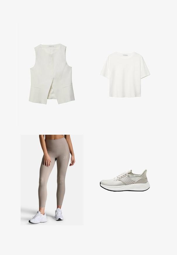 Weißes ärmelloses Oberteil mit rundem Halsausschnitt, vorderer Knopfleiste und zwei Seitentaschen. Glatte Textur und maßgeschneiderter Schnitt.; Weißes T-Shirt mit kurzen Ärmeln aus Baumwolle. Hat einen Rundhalsausschnitt und eine lockere Passform. Glatte Textur ohne sichtbare Muster oder Akzente.; Beige High-Waist-Leggings mit geripptem Bund, glatter Textur und subtilen Nähten. Dazu weiße Sportschuhe.; Leichte Sport-Schuhe aus beigem Netzmaterial mit strukturierter Oberfläche, ausgestattet mit einer weißen Sohle und tonalen seitlichen Akzenten. Einfaches Schnürdesign.