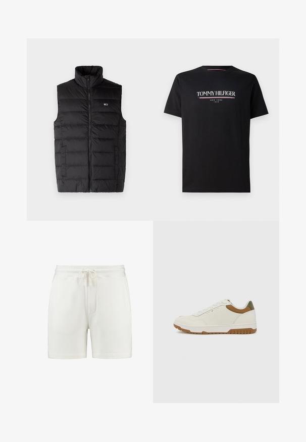 Crna puffer prsluk s visokim ovratnikom, punim prednjim zatvaračem, horizontalnim šavovima i bočnim džepovima. Logo na lijevoj strani prsnog koša.; Crna pamučna majica kratkih rukava s bijelim i obojenim logotipom "TOMMY HILFIGER" s natpisom "NEW YORK" i "1985" manjim slovima ispod. Okrugli izrez.; Bijele pamučne kratke hlače s elastičnim pojasom, prilagodljivim vezicom i bočnim džepovima. Glatka tekstura, dužina do sredine bedra.; Tommy Hilfiger BASKET CORE - Tenisice - ecru/army green