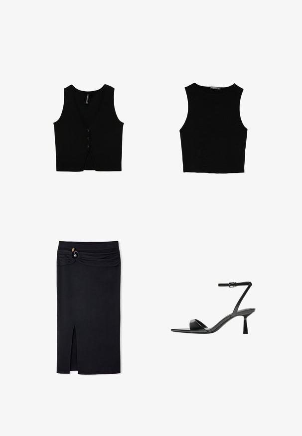 Czarna bezrękawnikowa kamizelka dzianinowa z dekoltem w serek, z trzema czarnymi guzikami z przodu oraz dekoracyjnym rozcięciem na dolnym brzegu.; Czarny bezrękawnik crop top z gładkiego materiału, z okrągłym dekoltem i czystym, prostym wzornictwem, bez wzorów czy metalowych elementów.; Czarna spódnica do kolan wykonana z żebrowanej tkaniny, z marszczoną talią, ozdobnym guzikiem oraz bocznym rozcięciem dla dodatkowego akcentu.; Bershka - Sandały na obcasie