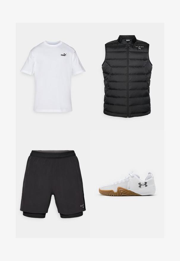 Czarna kamizelka puchowa z wysokim kołnierzem, pionowym pikowaniem, pełnym zamkiem błyskawicznym oraz brandingiem HYROX na piersi. Lekki materiał.; Biała bawełniana koszulka z krótkim rękawem, z czarnym logo Puma na lewej piersi. Okrągły dekolt, standardowy krój, gładka faktura.; Czarne spodenki sportowe o warstwowej konstrukcji, wykonane z gładkiego materiału zewnętrznego, z elastycznym pasem i wewnętrzną siateczką. Logo na boku.; Białe buty sportowe z siateczkową cholewką, gumową podeszwą w kolorze gumy, teksturowanymi akcentami oraz czarnym logo z boku.
