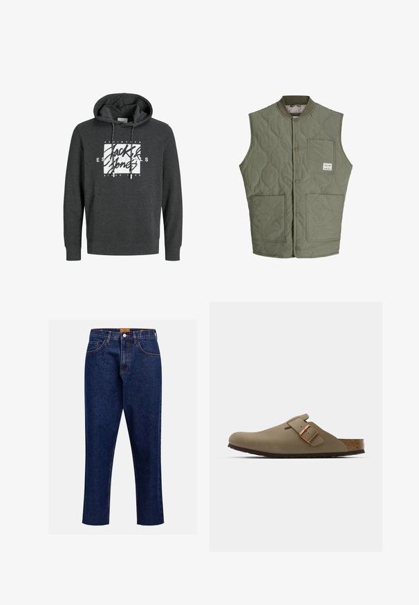 Olivově zelená prošívaná bezrukávová vesta s předními cvoky, vroubkovaným límcem, třemi náprsními kapsami a malou nálepkou na levé horní kapse.; Tmavě šedá mikina s kapucí vyrobená z měkkého materiálu, s přední kapsou, stahovací kapucí a velkým bílým grafickým logem na hrudi.; Tmavě modré džíny s rovnými nohavicemi, vysokým pasem, pěti kapsami a kontrastním prošíváním. Mají syrový lem na kotníku.; Hnědé dřeváky s hladkým matným povrchem. Na boku mají výraznou bronzovou sponu. Korek a gumová podrážka pro pohodlí.