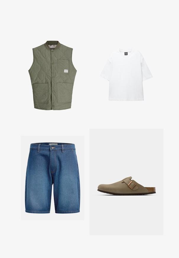 Olijfgroene gewatteerde mouwloze vest met drukknoopsluiting aan de voorkant, ribbels op de kraag, drie opgestikte zakken en een klein label op de bovenkant van de linkerzak.; Witte t-shirt met korte mouwen van katoen, met een ronde hals en een relaxte fit met rechte zoom. Geen patronen of versieringen.; Denim shorts met een donkerblauwe wassing, klassieke vijf-pocket ontwerp, ritssluiting met knoopsluiting en contrasterende stiksels.; Bruine klompen met een gladde, matte afwerking. Beschikt over een opvallende bronzen gesp aan de zijkant. Korken voetbed en rubberen buitenzool voor comfort.