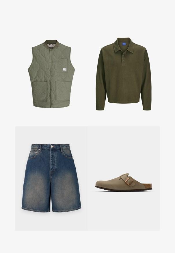 Olīvu zaļš quilted bez piedurknēm veste ar priekšējiem kniedēm, ribinātu apkakli, trim kabatas piespraužam un mazu etiķeti augšējā kreisajā kabatā.; Olīvzaļš garām piedurknēm polo krekls, kas izgatavots no strukturētas auduma. Iespējas ietver apkakli, triju pogu aizdari un brīvu griezumu.; Denim šorti vidēji zilā krāsā ar nolietotu mazgāšanu. Ar augstu jostu, piecām kabatām un taisnu kāju dizainu. Metāla pogas aizdare.; Brūni klupi ar gludu, matētu apdari. Sānos ir izteikta bronzas sprādze. Korku iekšējā zolīte un gumijas zole nodrošina komfortu.
