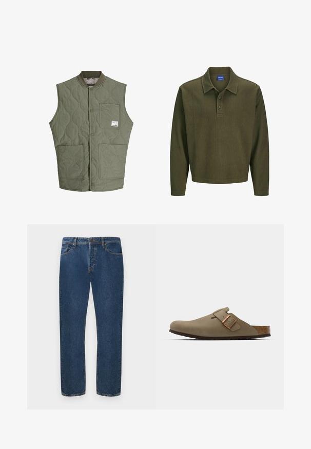 Maslinasto zeleni podstavljen prsluk bez rukava s prednjim dugmadi na preklapanje, rebrastim ovratnikom, tri zakrpljena džepa i malom etiketom na gornjem lijevom džepu.; Maslinasto zelena polo majica dugih rukava izrađena od teksturiranog materijala. Ima ovratnik, placket s tri dugmeta i opušteni kroj.; Klasične traperice ravnog kroja od plavog denima s prednjim džepovima, peticama za remen, kopčanjem na dugme i vidljivim detaljima šivanja.; Smeđi drvenjaci s glatkom, mat površinom. Imaju istaknut brončani kopču s jedne strane. Korkana unutrašnjost i gumeni potplat za udobnost.