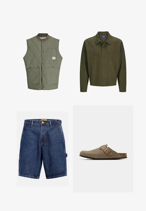 Olivově zelená prošívaná bezrukávová vesta s předními cvoky, vroubkovaným límcem, třemi náprsními kapsami a malou nálepkou na levé horní kapse.; Olivově zelená polokošile s dlouhým rukávem vyrobená z texturované tkaniny. Má límeček, tří knoflíkovou légu a uvolněný střih.; Džínové šortky v tmavě modré barvě, s knoflíkovým zapínáním, poutky na opasek a kontrastním oranžovým šitím. Rovný střih se bočními kapsami.; Hnědé dřeváky s hladkým matným povrchem. Na boku mají výraznou bronzovou sponu. Korek a gumová podrážka pro pohodlí.