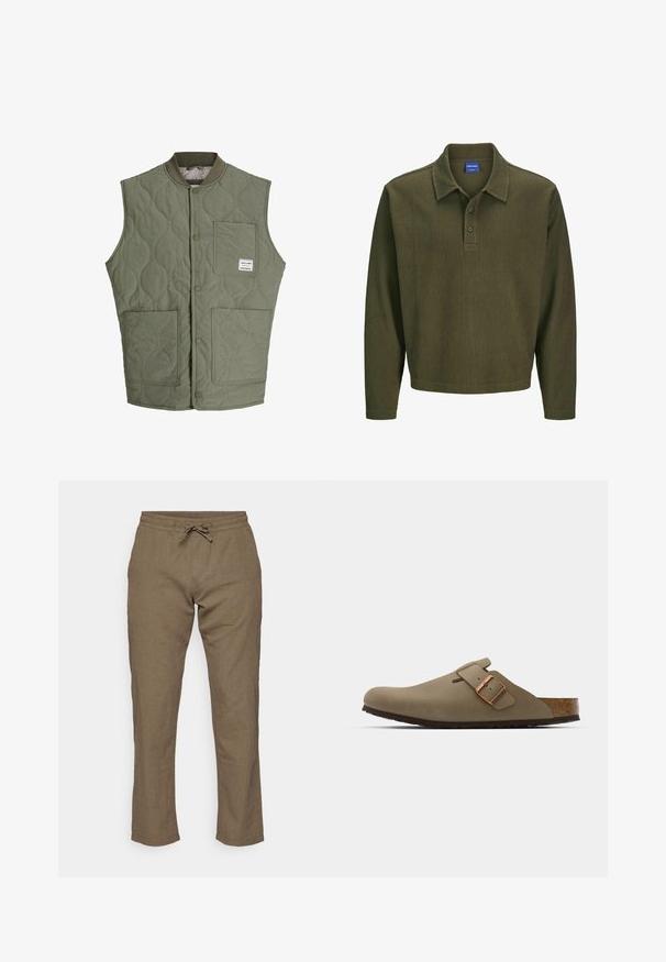 Chaleco sin mangas acolchado en color verde oliva con botones a presión en el frente, cuello acanalado, tres bolsillos de parche y una pequeña etiqueta en el bolsillo superior izquierdo.; Polo de manga larga en verde oliva, hecho de una tela texturizada. Cuenta con cuello, tapeta de tres botones y un corte relajado.; Jack & Jones JPSTKANE SUMMER JOGGER - Pantalones - dusty olive; Zuecos marrones con un acabado suave y mate. Presentan una hebilla de bronce prominente en el costado. Plantilla de corcho y suela de goma para mayor comodidad.