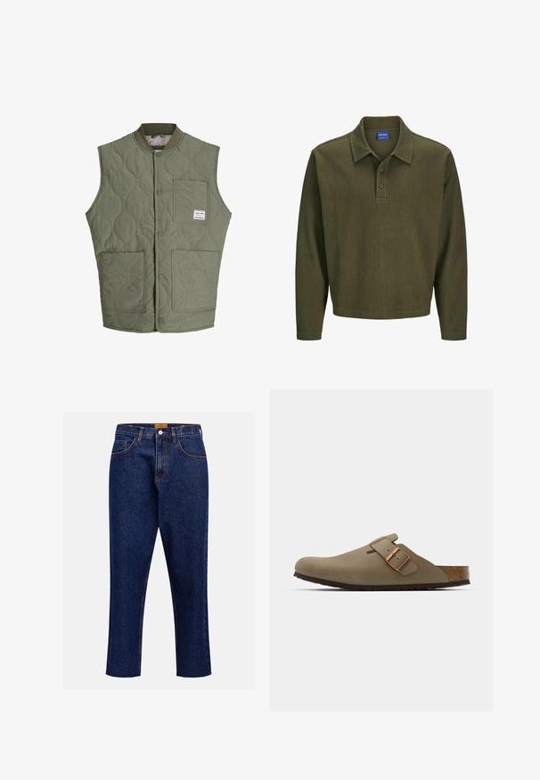 Olivno zeleni prešiti brezrokavnik s sprednjimi zakovicami, rebrastim ovratnikom, tremi žepi in majhnim oznako na zgornjem levem žepu.; Maslinasto zelena polo majica dugih rukava od teksturirane tkanine. Ima ovratnik, plaket s tri dugmeta i opušteni kroj.; Temno modri jeans s ravnimi hlačnicami, visokim pasom, petimi žepi in kontrastnim šivanjem. Imajo surov rob na gležnjih.; Rjave klompice z gladko, matirano površino. Na strani imajo izrazit bronast sponko. Korkov vložek in gumijast podplat za udobje.