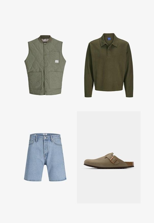 Olijfgroene gewatteerde mouwloze vest met drukknoopsluiting aan de voorkant, ribbels op de kraag, drie opgestikte zakken en een klein label op de bovenkant van de linkerzak.; Olijfgroen polo shirt met lange mouwen, gemaakt van gestructureerde stof. Heeft een kraag, een drieknoopsluiting en een ontspannen pasvorm.; Jack & Jones ITONY ORIGINAL - Jeansshort - blue denim; Bruine klompen met een gladde, matte afwerking. Beschikt over een opvallende bronzen gesp aan de zijkant. Korken voetbed en rubberen buitenzool voor comfort.