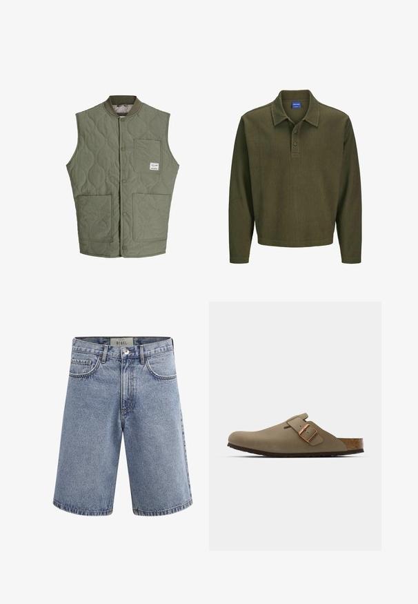 Olive green quilted sleeveless vest with front snap buttons, ribbed collar, three patch pockets, and a small label on the upper left pocket.; Olive green long-sleeve polo shirt made from textured fabric. Features a collar, three-button placket, and a relaxed fit.; Denim shorts in light blue with a faded wash. Features five pockets, a zip fly, and a mid-rise waist. Double-stitched hems.; Brown clogs with a smooth, matte finish. Features a prominent bronze buckle on the side. Cork footbed and rubber outsole for comfort.