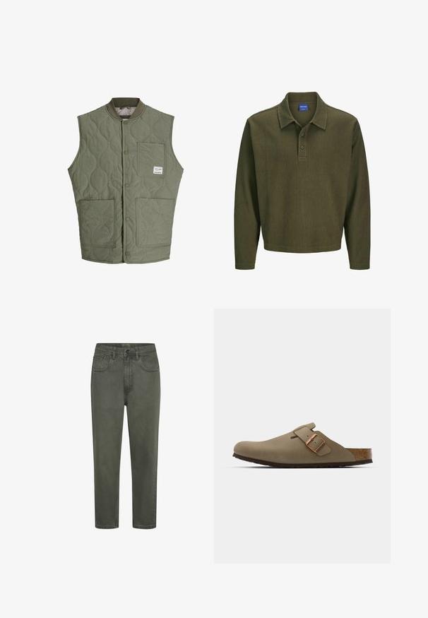 Olijfgroene gewatteerde mouwloze vest met drukknoopsluiting aan de voorkant, ribbels op de kraag, drie opgestikte zakken en een klein label op de bovenkant van de linkerzak.; Olijfgroen polo shirt met lange mouwen, gemaakt van gestructureerde stof. Heeft een kraag, een drieknoopsluiting en een ontspannen pasvorm.; Groene katoenen chinos met een rechte snit, voorzien van riemlussen, voortzakken en een knoopsluiting. Soepele textuur met minimale stiksels.; Bruine klompen met een gladde, matte afwerking. Beschikt over een opvallende bronzen gesp aan de zijkant. Korken voetbed en rubberen buitenzool voor comfort.