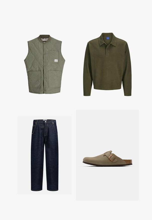 Olivenfarget quiltet utenermester med front snapknapper, ribbet krage, tre lommer og en liten etikett på øvre venstre lomme.; Oliven grønn langermet polo skjorte laget av teksturert stoff. Har krage, pløs med tre knapper, og en avslappet passform.; Mørke denim jeans med rett passform, som har fem lommer, kobbernitter og kontrasterende sømmer langs sømmene.; Brune tresko med en jevn, matte overflate. Har en fremtredende bronsebelte på siden. Korkfotseng og gummisåle for komfort.