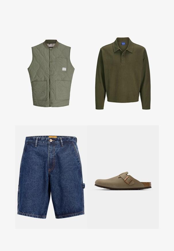 Oliivroheline tikandiga ilma varrukateta vest, millel on ees nööbid, soonikkoes krae, kolm pisikest taskut ja väike silt ülemises vasakus taskus.; Kiviroheline pikkade varrukatega polo särk, mis on valmistatud tekstuurilisest kangast. Omab kraed, kolme nupuga kinnitust ja mugavat lõiget.; Tumesinised teksapüksid heleda õmblusega, esikinnisega nuppude ja vööaasa ning vasakul pool laosakotiga.; Pruunid puukingad siledast mattviimistlusest. Külgedel on silmnähtav pronksist pandla. Kork sisetald ja kummist väljatalla mugavuse tagamiseks.