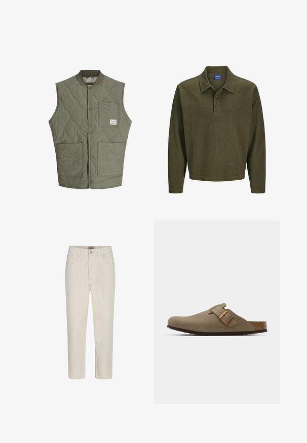 Gilet sans manches matelassé vert olive avec des boutons-pression à l'avant, un col côtelé, trois poches plaquées et une petite étiquette sur la poche supérieure gauche.; Polo shirt à manches longues vert olive en tissu texturé. Présente un col, une patte de boutonnage à trois boutons et une coupe décontractée.; Jean beige à jambe droite avec bouton frontal, passants de ceinture et un design à cinq poches, présenté sur un fond blanc.; Sabots bruns avec une finition lisse et mate. Présente une boucle en bronze proéminente sur le côté. Semelle intérieure en liège et semelle extérieure en caoutchouc pour le confort.