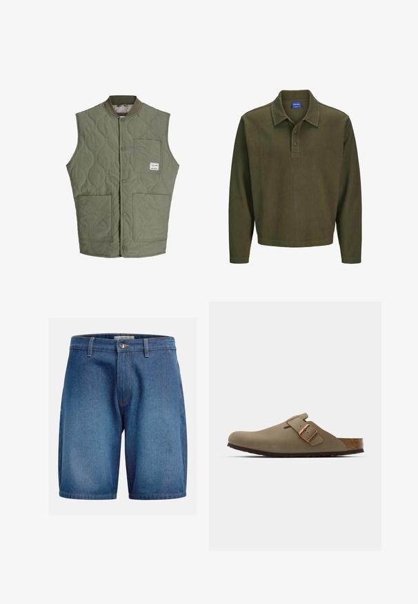 Gilet sans manches matelassé vert olive avec des boutons-pression à l'avant, un col côtelé, trois poches plaquées et une petite étiquette sur la poche supérieure gauche.; Polo shirt à manches longues vert olive en tissu texturé. Présente un col, une patte de boutonnage à trois boutons et une coupe décontractée.; Shorts en denim avec un lavage bleu foncé, design classique à cinq poches, zip à fermeture à bouton et coutures contrastées.; Sabots bruns avec une finition lisse et mate. Présente une boucle en bronze proéminente sur le côté. Semelle intérieure en liège et semelle extérieure en caoutchouc pour le confort.