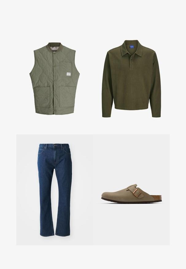 Olivno zeleni prešiti brezrokavnik s sprednjimi zakovicami, rebrastim ovratnikom, tremi žepi in majhnim oznako na zgornjem levem žepu.; Maslinasto zelena polo majica dugih rukava od teksturirane tkanine. Ima ovratnik, plaket s tri dugmeta i opušteni kroj.; Temno modri kavbojke z ravnim krojem nogavic, spredaj z gumbom in zadrgo, z zankami za pas, ter sprednjimi in zadnjimi žepi.; Rjave klompice z gladko, matirano površino. Na strani imajo izrazit bronast sponko. Korkov vložek in gumijast podplat za udobje.