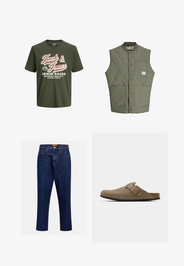 Oliivinvihreä tikattu hihaton liivi, jossa on edessä nepparit, ribattu kaulus, kolme läpällistä taskua ja pieni etiketti vasemmassa yläkulmassa.; Vihreä puuvillainen t-paita, jossa on lyhyet hihat ja pyöreä kaula-aukko. Paidassa on suuri valkoinen ja vaaleanpunainen teksti, joka sanoo "Jack & Jones Denim Goods" sekä logo.; Tummansinisiä farkkujeansseja, joissa on suora lahje, korkea vyötärö, viisi taskua ja kontrastiväriset ompeleet. Farkuissa on raakapääntie nilkassa.; Ruske läppäkorot, joilla on sileä, matta pinta. Sivulla on näkyvä pronssivöri. Korkkijalkine ja kumipohja mukavuutta varten.