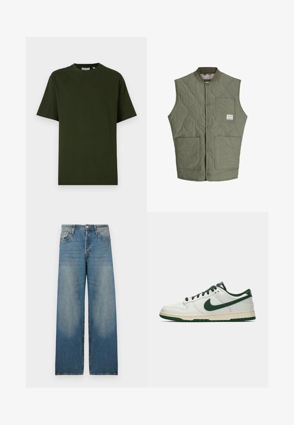 Oliivroheline tikandiga ilma varrukateta vest, millel on ees nööbid, soonikkoes krae, kolm pisikest taskut ja väike silt ülemises vasakus taskus.; Tumed roheline lühikeste varrukatega t-särk, mis on valmistatud puuvillast. Ümmargune kaelus, vabalt langev lõige ja sile tekstuur, ilma nähtavate mustrite või aktsentideta.; Heledad sinised laiad püksid denimkangast, kõrge vöökohaga, viie-taskuga kujundusega ja pleekinud kohtadega, et saavutada vintage välimus.; Valge madalate tossudega, millel on tumeroheline Nike Swoosh, paelad ja tallakatted, esitatud külgmises vaates ühtlasel valgel taustal.