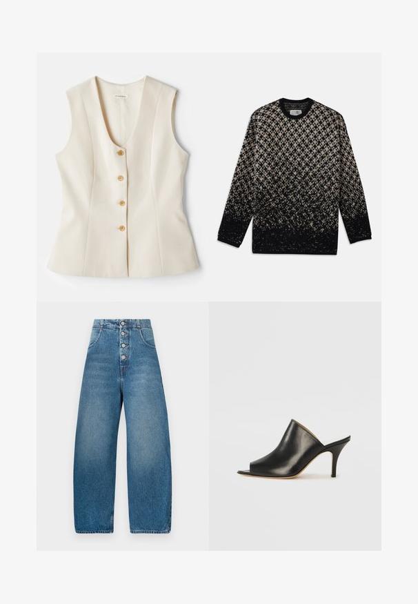 Bežinis, be rankovių, v-žandikaulio viršus su penkiais mygtukais priekyje, pritaikytas prigludimas ir lygus paviršius. Lengvas audinys. Be raštų.; Megztinis su deimanto raštu smėlinės ir juodos spalvos, su laipsnišku spalvų perėjimu. Apvalia iškirpte ir ilgomis rankovėmis. Minkšta tekstūra.; Plačių kojų mėlyni džinsai su aukštu liemeniu, penkių mygtukų priekinis uždarymas ir dvi šoninės kišenės. Lygus paviršius, klasikinis mėlynas audinys.; Juodas odinis atviras mules batelis su elegantišku, kreiviu dizainu, aukštu stiletto kulnu ir lygiu paviršiumi. Vidus turi kontrastingą šviesią spalvą.