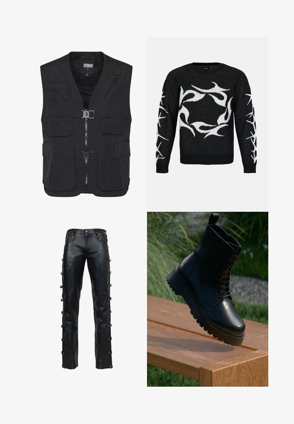 Schwarze Utility-Weste aus leichtem Stoff, mit mehreren Fronttaschen, einem Reißverschluss und einem Netzfutter zur Belüftung.; Schwarzer Strickpullover mit weißen, wirbelnden abstrakten Mustern auf der Vorderseite und den Ärmeln. Verfügt über einen runden Ausschnitt und gerippte Bündchen.; Schwarze Lederhosen mit geradem Schnitt, ausgestattet mit seitlichen Toggle-Verschlüssen, glatter Textur und vorderen Taschen.; Schwarze Lederstiefelette mit strukturierten Oberflächen, Schnürung an der Vorderseite und robuster, gerillter Sohle. Auf einer Holzoberfläche mit Gras-Hintergrund präsentiert.