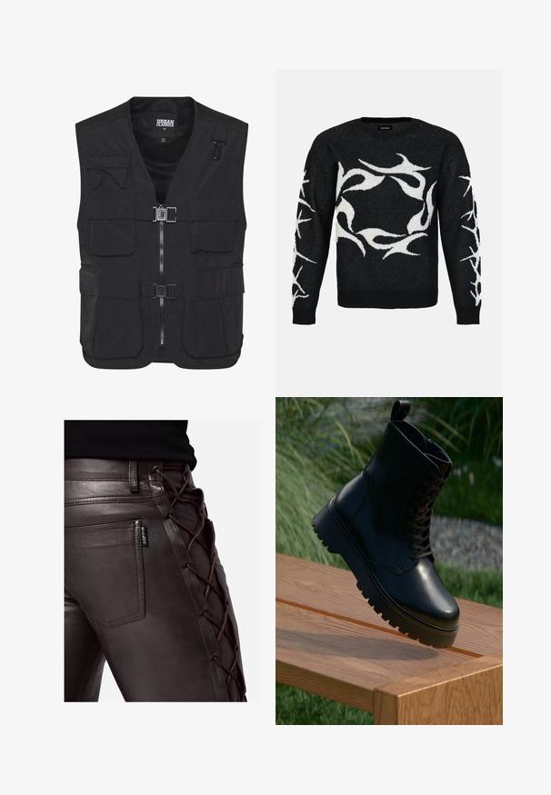 Zwarte Utility-vest van lichtgewicht stof, met meerdere voorzakken, een ritssluiting en een gaasinterieur voor ventilatie.; Zwarte gebreide trui met witte draaiende abstracte patronen aan de voorkant en mouwen. Heeft een ronde halslijn en geribde manchetten.; Bruine leren broek met een gespsluiting aan de zijkant en een bruine koord. Inclusief een achterzak met een zwart label. Gladde textuur.; Zwarte leren enkelboot met een gestructureerd oppervlak, vetersluiting aan de voorkant en een stevige, gegroefde zool. Getoond op een houten oppervlak met een grasachtergrond.