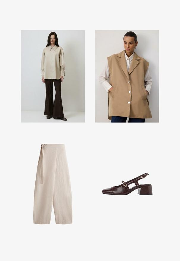 Beige ærmeløs vest med en skræddersyet design, store klapper, sølvknapper og sidelommer, lagdelt over en hvid skjorte.; Langærmet, lysebeige skjorte med klassisk krave og knapmanchetter, parret med brune flared bukser og mørke sko.; Beige brede bukser lavet af struktureret stof, med et bånd i taljen, høj talje-design og en løs pasform med lige ben.; Brune læder slingback hæle med firkantet tå, udskårne sider og en blokhæl. Har en spænde på ankelremmen.