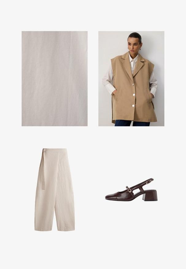 Beige ærmeløs vest med en skræddersyet design, store klapper, sølvknapper og sidelommer, lagdelt over en hvid skjorte.; Touché Privé RIBBED - Skjortebluser - Beige; Beige brede bukser lavet af struktureret stof, med et bånd i taljen, høj talje-design og en løs pasform med lige ben.; Brune læder slingback hæle med firkantet tå, udskårne sider og en blokhæl. Har en spænde på ankelremmen.