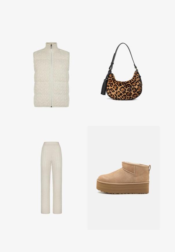 Cremfarbener, gestrickter ärmelloser Pullover mit Kabelmuster und Frontreißverschluss, mit hochgestricktem Kragen.; Hellbeige Hoodie mit gerippter Textur, ausgestattet mit einer Fronttasche, verstellbarem Kordelzug und leicht verkürztem Design. Weicher Stoff.; Helle beige Grobstrickhosen mit einem breiten Bund, die erhabene, strukturierte Muster aufweisen und eine lässige, gerade Passform haben.; Beige Wildleder-Ankle Boots mit einem weichen Innenfutter, ausgestattet mit einer Plateausohle und einer Zuglasche hinten für einen einfachen Einstieg. Strukturiertes Gummiprofil.; Tasche mit Leopardenmuster und einem schwarzen Ledertrageriemen sowie einer Quaste. Texturiertes, fellähnliches Material. Geschwungene Form mit goldenen Hardware-Akzenten.; Silberfarbene Creolen mit einer Reihe klarer Steine und einem runden Kristallanhänger, der von jeder hängt. Poliertes Metall, elegantes Design.