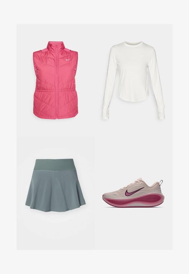 Jaqueta rosa sem mangas com colarinho alto, apresentando fecho de correr na frente, textura acolchoada e logótipo branco no peito. Material leve.; Camisola atlética de mangas longas brancas, feita de um material liso e leve. Apresenta um decote redondo e um logótipo da Nike no peito.; Saia evasê feita de um tecido suave e macio na cor verde-água suave. Apresenta uma cintura larga e elástica, com detalhes de costura discretos.; Sapatilha de corrida Nike ZoomX em bege claro, com parte superior texturizada, entressola curva em rosa e detalhes em roxo no logótipo e na sola.