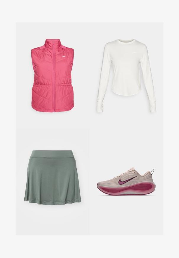 Rózsaszín, ujjatlan dzseki magas gallérral, elöl zipzárral, tűntetett textúrával és fehér logóval a mellkason. Könnyű anyag.; Fehér, hosszú ujjú sportpóló, sima, könnyű anyagból készült. Kerek nyakkivágással rendelkezik, és a mellkasán a Nike logó található.; Zöld, harang szabású szoknya puha anyagból. Rugalmas derékkal és sima textúrával rendelkezik. Egyszerű dizájn, minta vagy kiemelés nélkül.; Nike ZoomX futócipő világos bézs színben, texturált felsőrésszel, ívelt rózsaszín középtalppal és lila részletekkel a logón és a talpbetéten.
