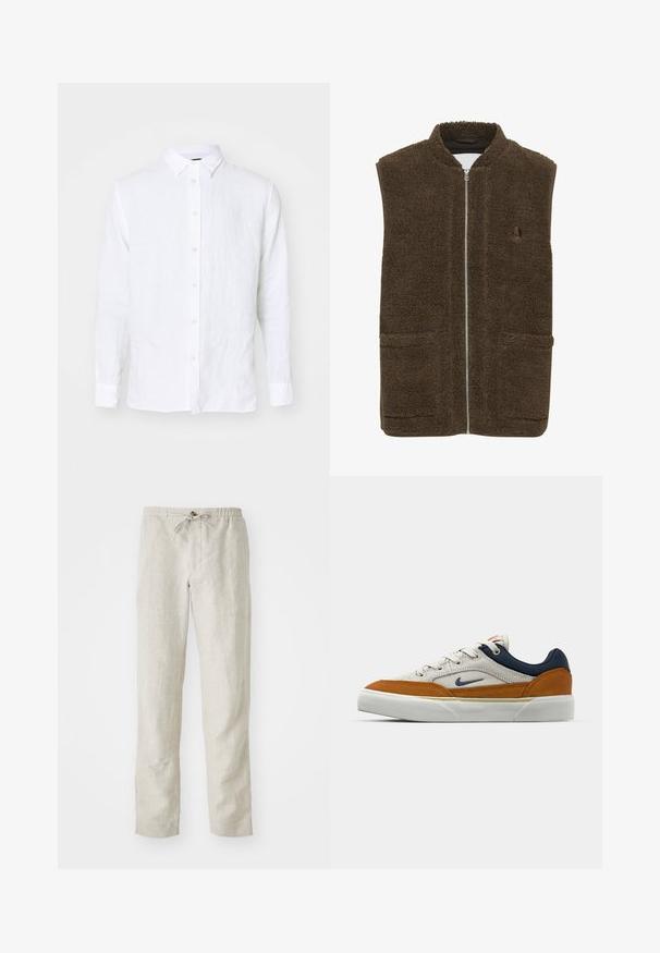 Hnědá fleecová vesta s vysokým límcem, předním zipem a dvěma bočními kapsami. Texturovaný materiál s měkkým, hebkým povrchem.; Bílá dlouhá košile s dlouhým rukávem z lnu. Má plnou knoflíkovou přední stranu, límec a manžety. Hladká textura s lehkým a vzdušným vzhledem.; Bílý bavlněný tričko s kulatým výstřihem, krátkými rukávy a volným střihem. Štítek uvádí "URBAN CLASSICS." Hladký povrch, žádné vzory ani detaily.; Světlé béžové lněné kalhoty se rovnými nohavicemi, elastickým pasem, nastavitelným šňůrkou a bez viditelných vzorů nebo kovových prvků.; Bílé tenisky s námořnickými a oranžovými semišovými detaily, s texturovaným povrchem, šněrováním v přední části a gumovou podrážkou. Logo Nike na boku.