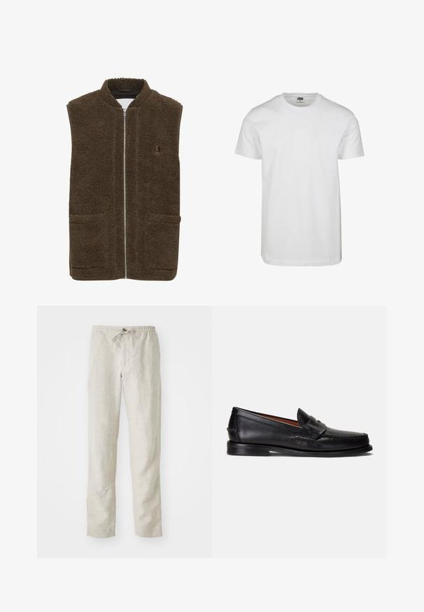 Braun-fleece Weste mit hohem Kragen, Frontreißverschluss und zwei seitlichen Taschen. Strukturmaterial mit einer weichen, plüschigen Oberfläche.; Weißes Baumwoll-T-Shirt mit Rundhalsausschnitt, kurzen Ärmeln und lockerer Passform. Das Etikett trägt die Aufschrift "URBAN CLASSICS". Glatte Textur, keine Muster oder Akzente.; Helle beige Leinenhose mit geradem Beinschnitt, elastischem Bund, verstellbarem Kordelzug und ohne sichtbare Muster oder Metallteile.; Schwarze Lederloafer mit glatter Oberfläche, abgerundetem Zehenbereich und dekorativem Riemen über dem Spann. Verfügt über eine flache schwarze Sohle.