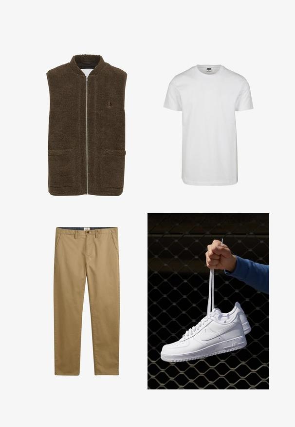 Vesta din fleece maro cu guler înalt, fermoar frontal și două buzunare laterale. Material texturat cu un finisaj moale și pufos.; Tricou alb din bumbac, cu guler rotund, mâneci scurte și o croială relaxată. Eticheta spune "URBAN CLASSICS." Textură netedă, fără modele sau accente.; Pantaloni din bumbac khaki cu o croială dreaptă, dotati cu buzunare laterale, închidere cu nasture și un material texturat.; Adidași albaștri din piele cu perforații, vârf rotund, talpă plată și șireturi groase, cu un logo swoosh vizibil și cu inscripția "AIR" pe toc.