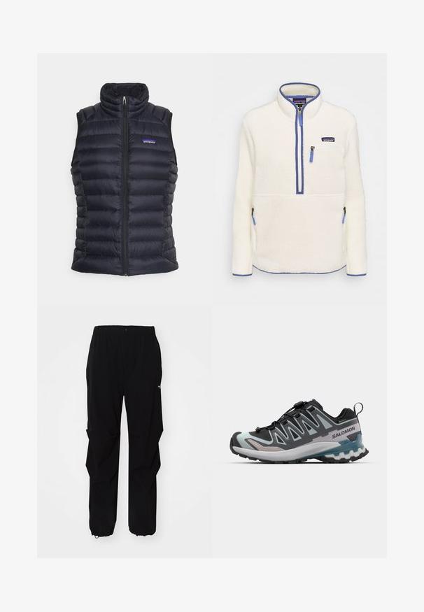 Fekete, szigetelt puffervállszíj magas gallérral, steppelt kialakítással, elöl cipzáros záródással és oldalsó zsebekkel. A mellrészen egy apró logó található.; Fehér polár pulóver, félig cipzáras elejével, kék cipzár részletekkel, mellzsebekkel és oldalzsebekkel. Sima textúrájú, magas gallérral.; Fekete kültéri nadrág, tartós anyagból készült, laza fitnesz, rugalmas derékpánttal és állítható hosszúságú, behúzható szárakkal rendelkezik.; Fekete és szürke terepfutó cipő, hálós felsőrésszel, rugalmas fűzőrendszerrel, textúrált talppal és világoskék akcentussal a középtalpon.