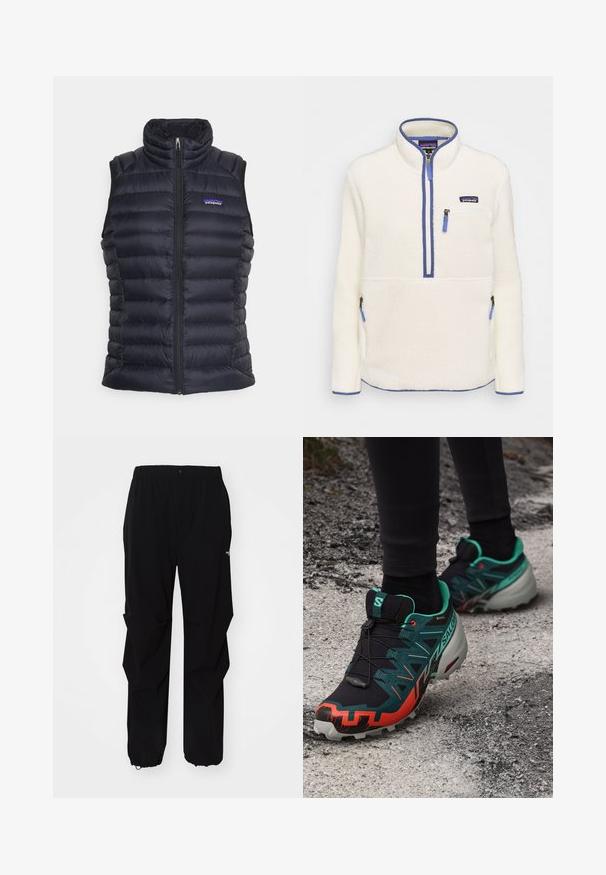 Black insulated puffer vest with a high collar, quilted design, front zip closure, and side pockets. Features a small logo on the chest.; Fleece pullover in white, featuring a half-zip front, blue zip accents, chest pocket, and side pockets. Smooth texture, high collar.; Black outdoor pants made from durable material, featuring a relaxed fit, elastic waistband, and cinched cuffs for adjustable length.; Salomon SPEEDCROSS 6 GTX - Trail running shoes - black/electric green/cherry tomato