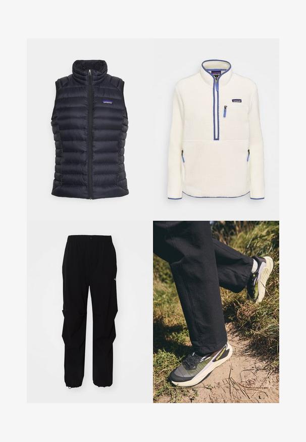 Black insulated puffer vest with a high collar, quilted design, front zip closure, and side pockets. Features a small logo on the chest.; Fleece pullover in white, featuring a half-zip front, blue zip accents, chest pocket, and side pockets. Smooth texture, high collar.; Black outdoor pants made from durable material, featuring a relaxed fit, elastic waistband, and cinched cuffs for adjustable length.; Salomon GENESIS - Trail running shoes - black/sulphur spring/orchid petal