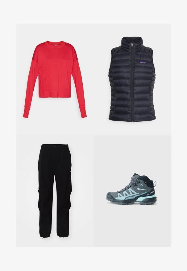 Čierna zateplená pufferová vesta s vysokým golierom, prešívaným dizajnom, predným zipsom a bočnými vreckami. Obsahuje malé logo na hrudi.; Červená dlhá mikina s okrúhlym výstrihom vyrobená z mäkkého materiálu s raglánovými rukávmi, plochými švami a uvoľneným strihom. Žiadne viditeľné branding.; Čierna dlhá poloha v rôznej dĺžke, vyrobená z mäkkého materiálu. Má okrúhly výstrih a raglanové rukávy s otvormi na palce na manžetách. Minimalistický dizajn.; Čierne vonkajšie nohavice vyrobené z odolného materiálu, s voľným strihom, elastickým pásom a sťahovacími manžetami pre nastaviteľnú dĺžku.; Pohodlné turistické topánky stredného strihu v tmavošedej farbe s svetlomodrými akcentmi. Majú textúrovaný zvršok, zosilnenú špičku a robustnú podrážku pre lepšiu priľnavosť.