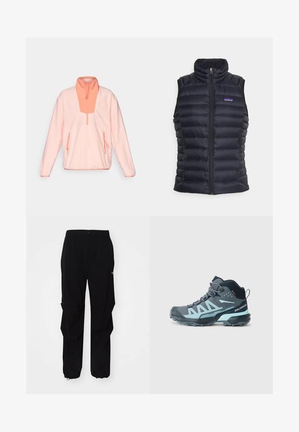 Czarna ocieplana kamizelka puchowa z wysokim kołnierzem, pikowanym wzorem, zamek błyskawiczny z przodu i bocznymi kieszeniami. Posiada małe logo na klatce piersiowej.; Jasnoróżowy polarowy sweter z kołnierzem na pół-zamek, kontrastującym koralowym przednim panelem i dwiema bocznymi kieszeniami na zamek. Miękka tekstura, luźny krój.; Czarne spodnie na świeżym powietrzu wykonane z wytrzymałego materiału, z luźnym krojem, elastycznym pasem i ściągaczami przy mankietach, umożliwiającymi regulację długości.; Półwysokie buty trekkingowe w ciemnoszarym kolorze z jasnoniebieskimi akcentami. Charakteryzują się teksturowaną cholewką, wzmocnionym czubkiem oraz solidną podeszwą zapewniającą przyczepność.
