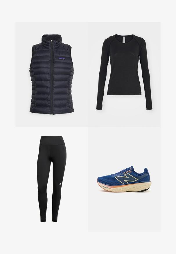 Gilet rembourré noir et isolé avec un col montant, design matelassé, fermeture éclair à l'avant et poches latérales. Présente un petit logo sur la poitrine.; Chemise à manches longues noire, fabriquée en tissu doux. Présente un col rond et des manches raglan avec des ouvertures pour les pouces au niveau des poignets. Design minimaliste.; Leggings de sport noirs avec une taille haute, fabriqués en tissu extensible ; dotés d'une poche latérale et d'un petit logo blanc près de l'ourlet.; Baskets de course bleu avec une tige en maille respirante, un col rembourré et une semelle amortissante avec un accent orange. Marque "Fresh Foam" visible.