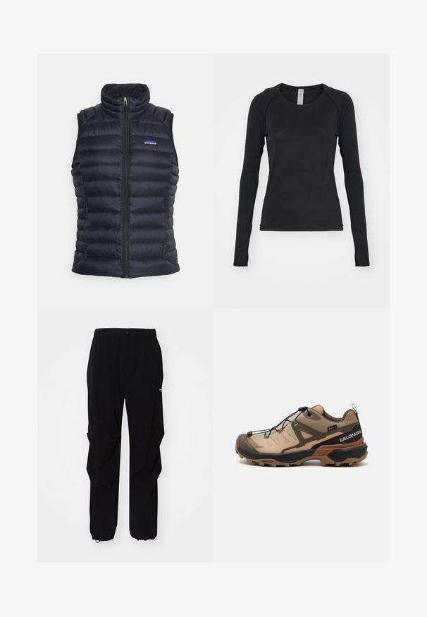 Juodas izoliuotas pūkinis liemenė su aukštu apykakle, siuvinėta paklausa, priekinis užtrauktukas ir šoninės kišenės. Ant krūtinės yra mažas logotipas.; Juoda ilgomis rankovėmis marškinėliai, pagaminti iš minkštos medžiagos. Suapvalintas kaklas ir raglano tipo rankovės su išpjovomis nykščiams ant rankogalių. Minimalistinis dizainas.; Juodos lauko kelnės, pagamintos iš tvirto medžiagos, su laisvu siluetu, elastinga juosmens juosta ir surišamais rankogaliais, leidžiančiais reguliuoti ilgį.; Salomon X ULTRA 360 GTX - Turistiniai batai - safari/hazelnut/sierra