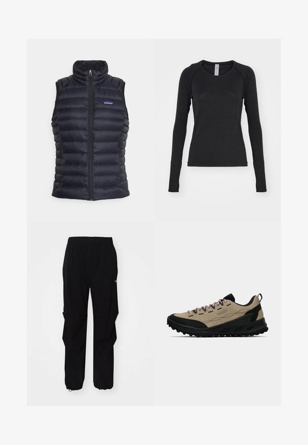 Juodas izoliuotas pūkinis liemenė su aukštu apykakle, siuvinėta paklausa, priekinis užtrauktukas ir šoninės kišenės. Ant krūtinės yra mažas logotipas.; Juoda ilgomis rankovėmis marškinėliai, pagaminti iš minkštos medžiagos. Suapvalintas kaklas ir raglano tipo rankovės su išpjovomis nykščiams ant rankogalių. Minimalistinis dizainas.; Juodos lauko kelnės, pagamintos iš tvirto medžiagos, su laisvu siluetu, elastinga juosmens juosta ir surišamais rankogaliais, leidžiančiais reguliuoti ilgį.; Šviesiai rudos ir juodos žemos kelionių avalynės su tvirtu padu, rožinėmis raištelėmis ir kilpa ant kulno, skirta lauko naudojimui.