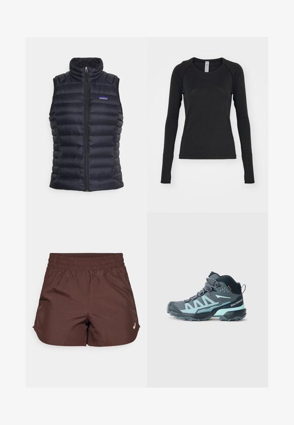 Schwarze isolierte Steppweste mit hohem Kragen, gestepptem Design, Frontreißverschluss und seitlichen Taschen. Mit kleinem Logo auf der Brust.; Langärmliges Shirt in Schwarz, aus weichem Stoff. Es hat einen Rundhalsausschnitt und Raglanärmel mit Daumenlöchern an den Bündchen. Minimalistisches Design.; Braune Sportshorts mit gerippter Textur, elastischem Bund und kleinem Logo-Detail in heller Farbe an der unteren Vorderseite.; Mittelhohe Wanderschuhe in Dunkelgrau mit hellblauen Akzenten. Verfügt über ein strukturiertes Obermaterial, eine verstärkte Zehenkappe und eine robuste Außensohle für besseren Halt.